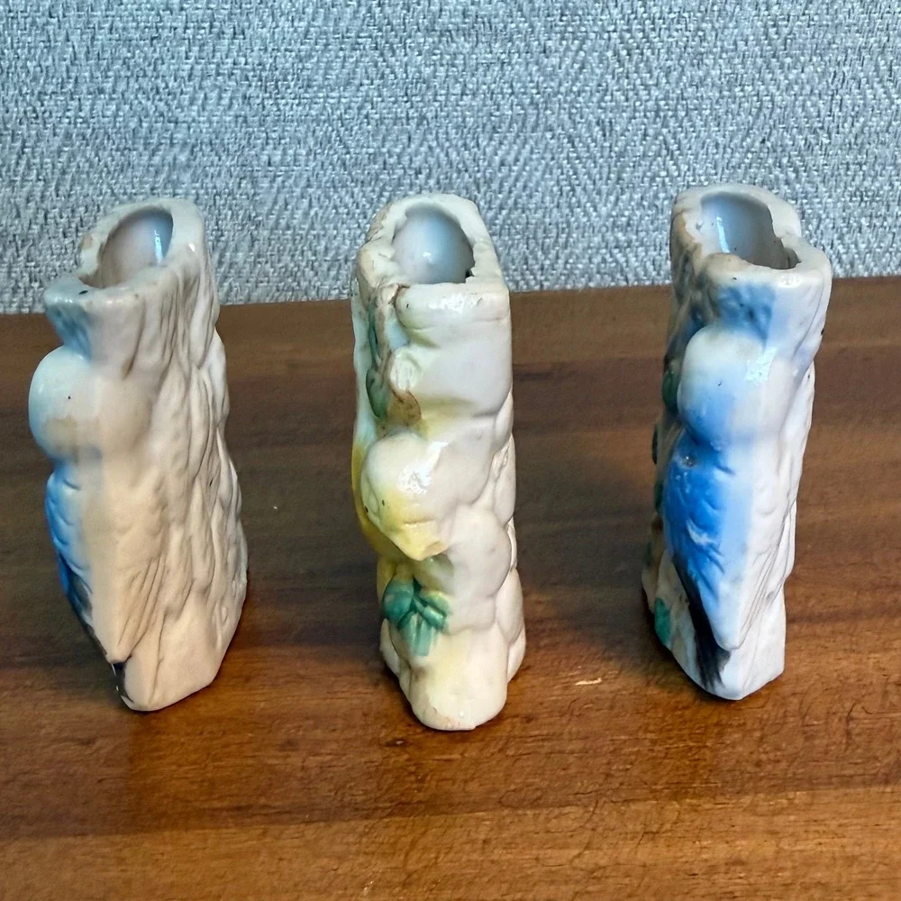 1950s MCM Kitsch Mini Ceramic Bird Bud Vases Set of 3 Chinoiserie Fairycore RARE